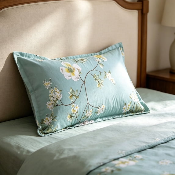 Rirozkan Standard Pillowcase, Floral Printed Soft Breathable Cotton Blend Sham Country Cottage Style Bedding Accessory for Twin Full Queen Bed