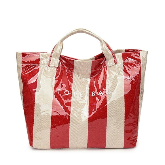 Rirozkan Striped Tote Bag, Waterproof Handbag, Plastic Shopping Bag, Letters Print Tote, Lightweight Carryall Bag for Women Beach Pool Grocery Shopping, One Size, Red