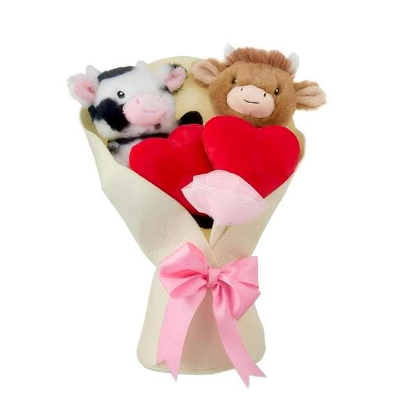 Rirozkan Stuffed Cow Bouquet, Highland Cow Plush Toy with Floral Accents, White Medium Size Decorative Gift, for Valentine's Day and Home Decor Display, Multicolor