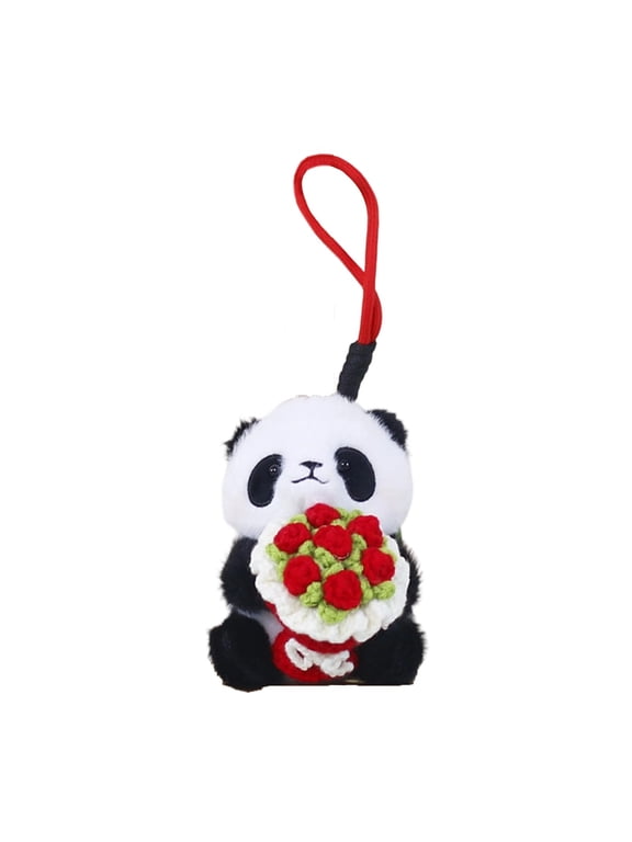 Rirozkan Stuffed Panda Toy, Plush Animal Holding Rose Flower Pendant, Soft Cute Bear Figurine with Keychain, for Gifts Decor and Collection Display, Red
