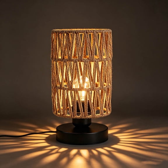 Rirozkan Table Lamp, Natural Hand Woven Rope Desk Lamp, Straight Plug Warm Lighting for Living Room and Bedroom
