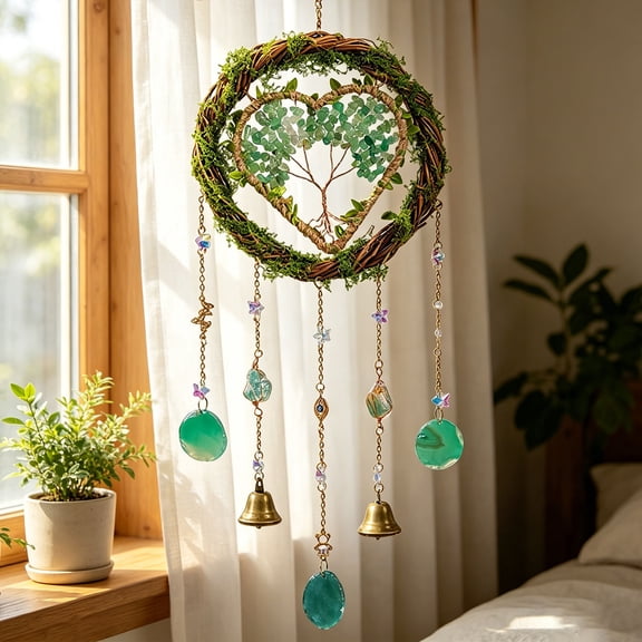 Rirozkan Tree of Life Crystal Pendant, Handmade Agate Slice Gemstone Artwork, Wire Wrapped Healing Stone for Home Car Ornament