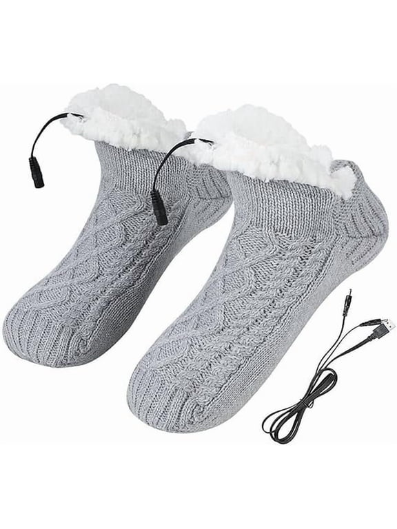 USB Heated Socks, Rechargeable Foot Warmer with Anti-Slip Sole, Thermal Slipper Socks for Men and Women Indoor Use, Gray