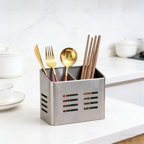 Rirozkan Utensil Holder, Stainless Steel Chopstick Drainer, Silverware Organizer for Kitchen, 2-Compartment Cutlery Drying Rack for Sink Countertop