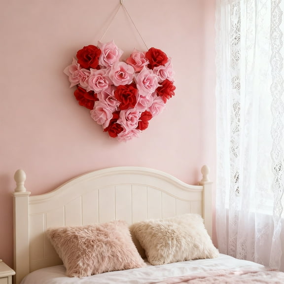 Rirozkan Valentines Day Decoration, Artificial Rose Heart Wreath for Wall Hanging, Faux Flower Wreath For Wedding Engagement Anniversary Party Supplies