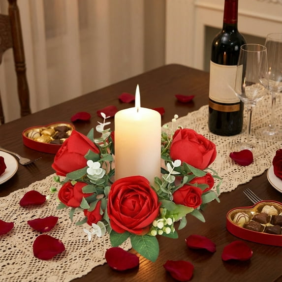 Rirozkan Valentines Day Decorations, Artificial Rose Garland, Candle Holder Ring with Faux Flowers for Table Centerpiece and Party Decor