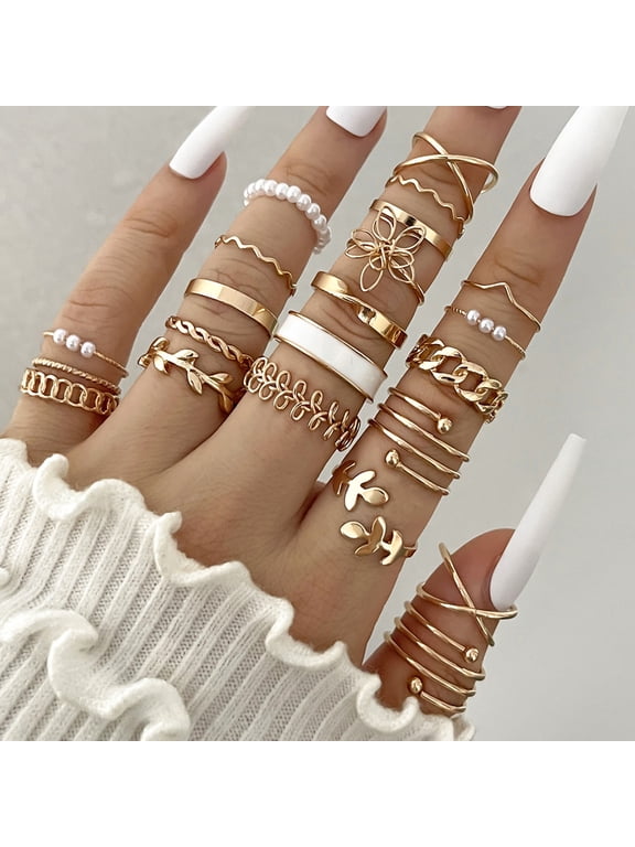Vintage Rhinestone Pearl Ring Set, 22 Adjustable Knuckle Rings for Women, Multi-Joint Stackable Bands for Fashion Parties