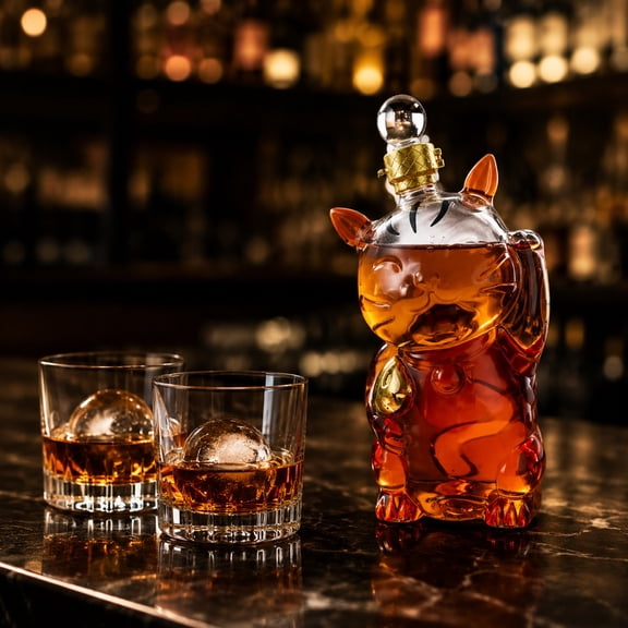 Rirozkan Whiskey Decanter, Cat Helmet Sculpture Borosilicate Glass Liquor Bottle 1 Liter for Home Bar Display and Gifting