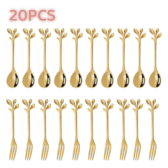 Rirvix 20 Pack Gold Leaf Handle Mini Spoon and Fork Set, Stainless Steel Coffee Spoon Dessert Fork, Small Tea Stirring Spoon for Cake, Ice Cream, Fruit, Bar, Home Kitchen Decor