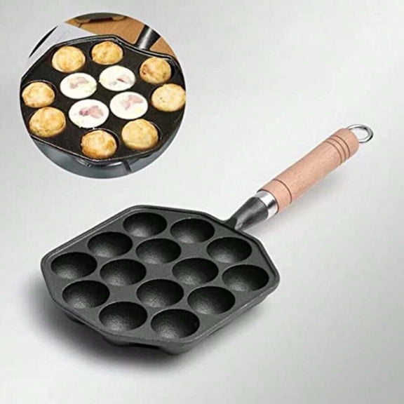 Rirvix Cast Iron Takoyaki Pan With Hemispherical Molds Takoyaki Maker, 14 Holes Nonstick Baking Plate Pancake Grill Pan With Detachable Handle For Home Kitchen Restaurant
