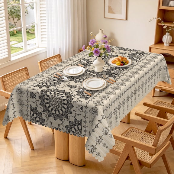 RisChhery Black Mandala Floral Rectangle Tablecloth,Waterproof Stain Resistant Table Cover for Dining Kitchen,60x102 inch