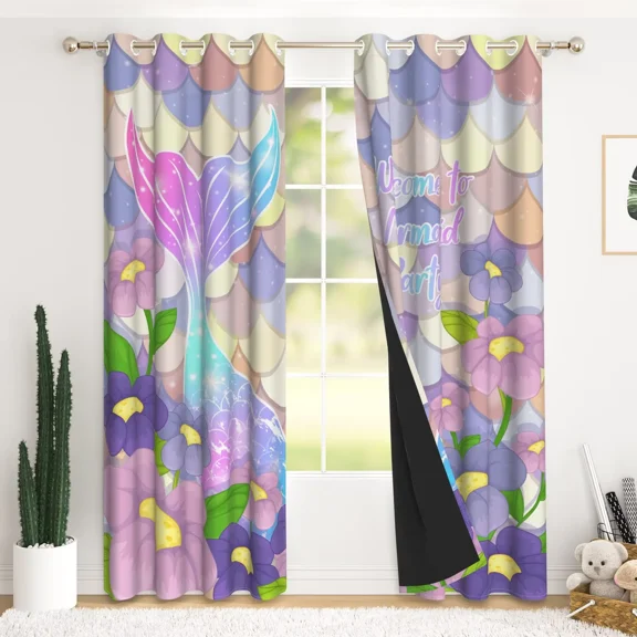 RisChhery Blackout Curtains, Mermaid Party Theme Print, Thermal Insulated, Grommet Top, 52 x 84 Inches, Set of 2
