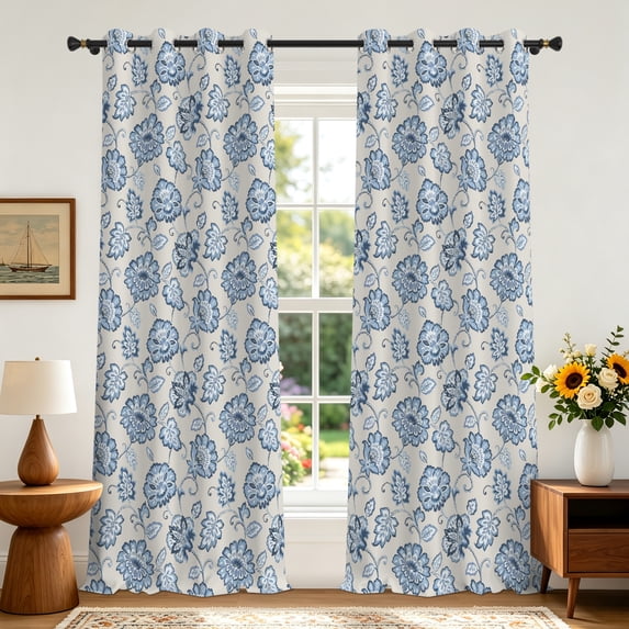 RisChhery Blue 42x84 Blackout Curtains,Print Floral Thermal Insulated Grommet Window Drapes for Bedroom,Set of 2