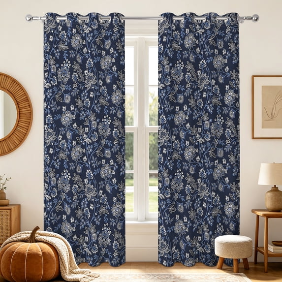 RisChhery Blue 52x63 Blackout Curtains,Print Floral Thermal Insulated Grommet Window Drapes for Bedroom,Set of 2