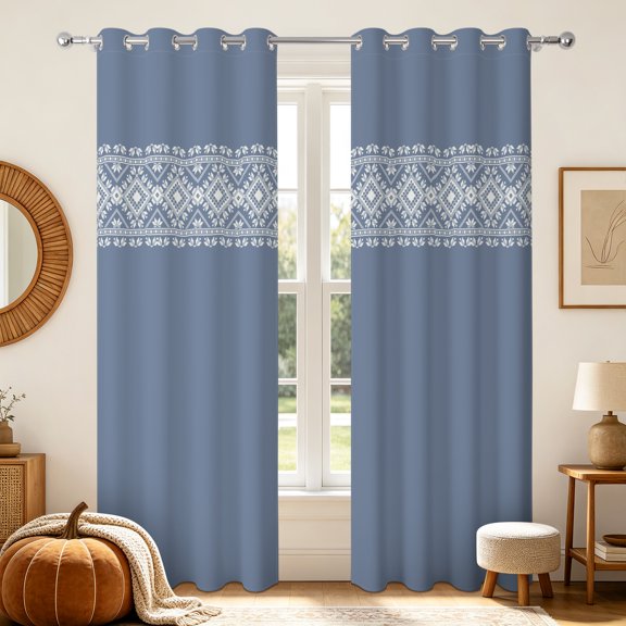 RisChhery Blue Boho Blackout Curtains,2 Panels,52x84 inch,Thermal Insulated Grommet Drapes