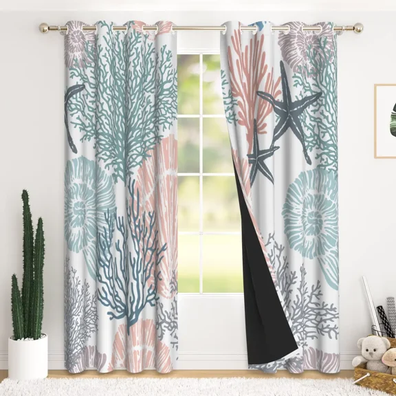 RisChhery Blue Red Shells Print Blackout Curtains, Thermal Insulated, Grommet Top, 42 x 63 Inches, Set of 2