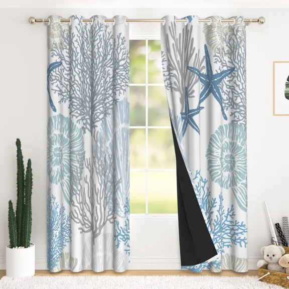 RisChhery Blue Underwater Shells Print Curtains, Thermal Insulated Room Darkening, Grommet Top, 42 x 84 Inches, Set of 2