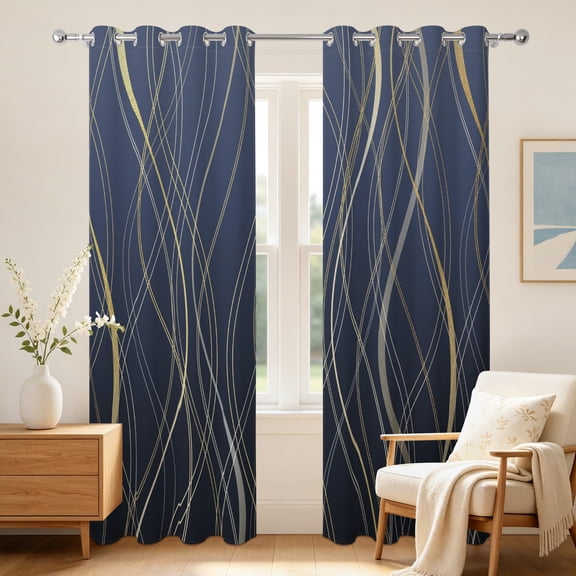RisChhery Navy Blue Gold Wave Blackout Window Drapes, Light Blocking Grommet Curtains For Bedroom Living Room,2 Panels,42x63 inch
