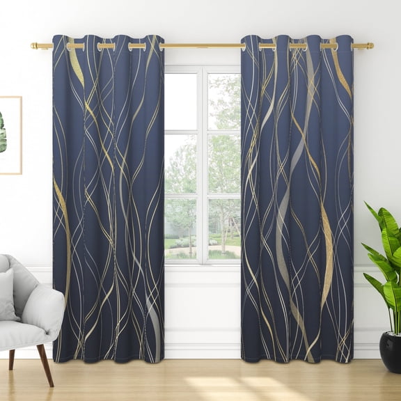 RisChhery Navy Blue Gold Wave Blackout Window Drapes, Light Blocking Grommet Curtains For Bedroom Living Room,2 Panels,52x84 inch
