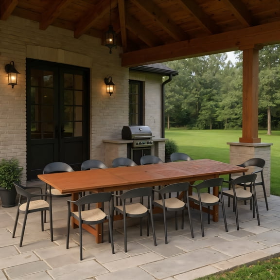 Risa 13-Piece Outdoor Rectangular Extendable Dining Table and Chairs Set | Eucalyptus Wood | Ideal for Patio, Brown Table & Black Chairs