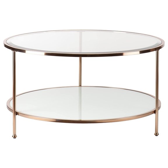 Risa Round Coffee Table, 34 Inch Diameter, Transitional Living Room Table with Tempered Glass Top and Lower Shelf, Metal Frame, 40 lb Capacity, for Farmhouse and Modern Decor