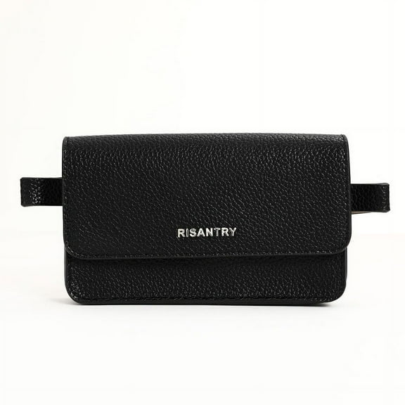RISANTRY Women's Trendy Fanny Packs Black Leather CrossBody Bag Fashion Waist Pack Functional Belt Bag Adjustable Leather Strap