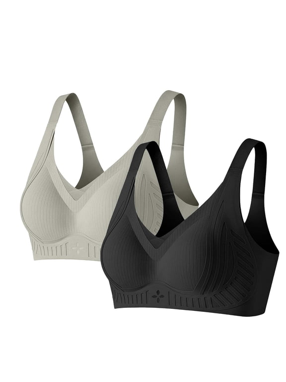 2 Pack Women Ribbed V Neck Wireless Bra, Lifting Side Support Seamless Daily Underwear