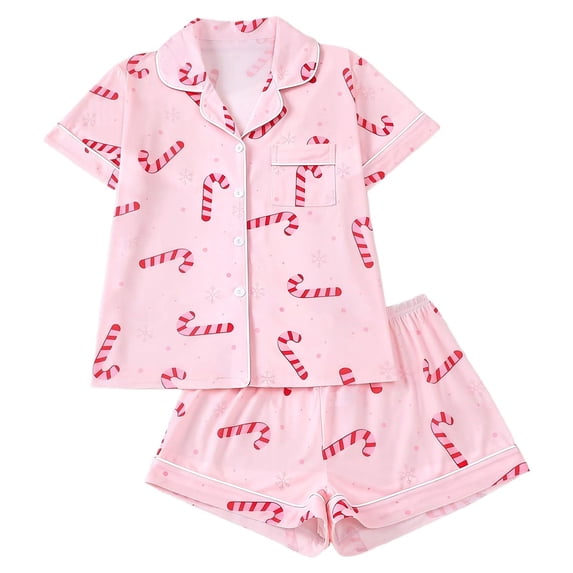 Risckoth Girl's Christmas Candy Cane Print Pajama Set, Button Down Collared Short Sleeve Top with Pocket, Matching Shorts Two Piece Sleepwear Loungewear