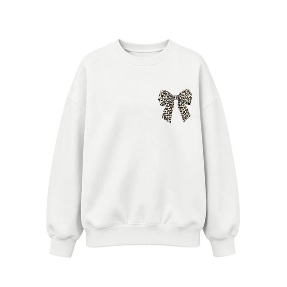 Risckoth Girl's Leopard Bow Print Crew Neck Sweatshirt, Long Sleeve Solid Casual Fall Winter Pullover