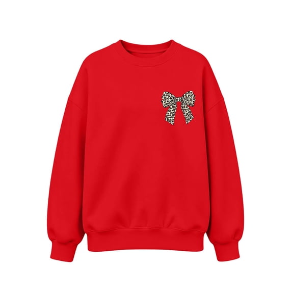 Risckoth Girl's Leopard Bow Print Crew Neck Sweatshirt, Long Sleeve Solid Casual Fall Winter Pullover