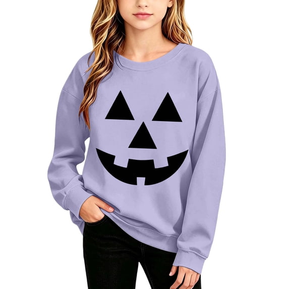 Risckoth Girl's Pumpkin Face Print Crew Neck Sweatshirt, Warm Long Sleeve Casual Pullover