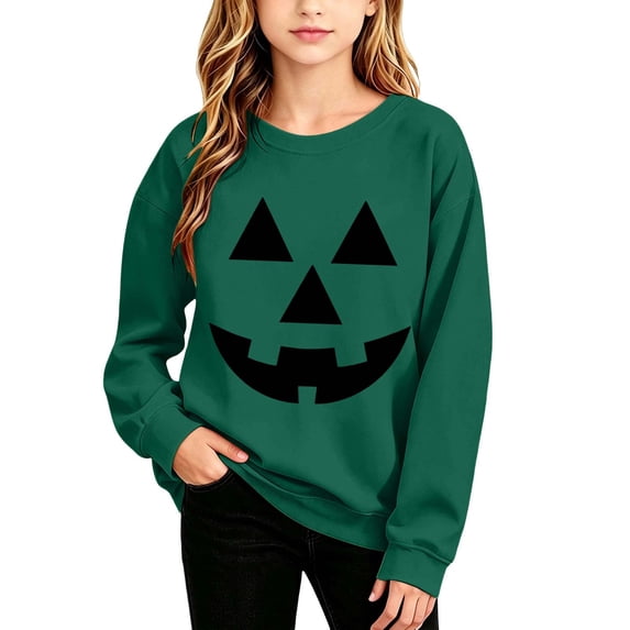 Risckoth Girl's Pumpkin Face Print Crew Neck Sweatshirt, Warm Long Sleeve Casual Pullover