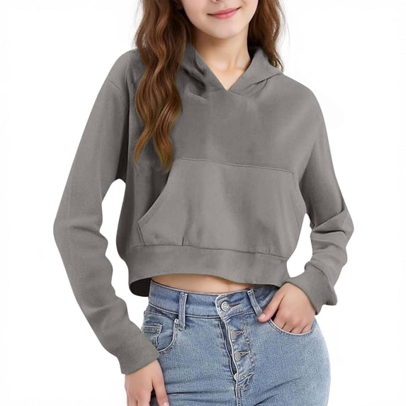 Risckoth Girls' Crop Length Hoodie Kangaroo Pocket Drop Shoulder Long Sleeve Casual Pullover 4-12 Years