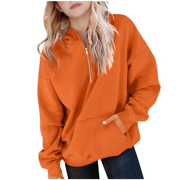 Risckoth Girls' Half Zip Hoodie Contrast Ribbed Cuff Kangaroo Pocket Drop Shoulder Long Sleeve Casual Pullover 5-15 Years