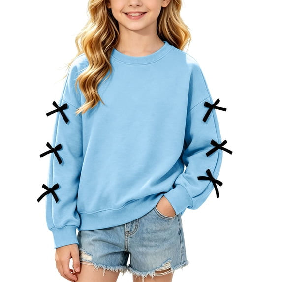 Risckoth Girls' Sweatshirt Sleeve Bow Detail Crew Neck Drop Shoulder Long Sleeve Casual Top 3-14 Years