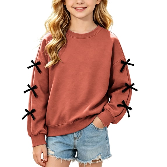 Risckoth Girls' Sweatshirt Sleeve Bow Detail Crew Neck Drop Shoulder Long Sleeve Casual Top 3-14 Years
