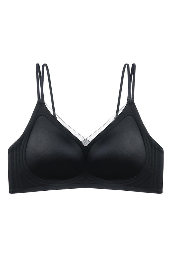 Women Double Thin Strap V Neck Wireless Bra, Back Closure Seamless Daily Underwear