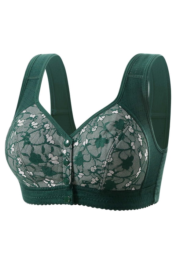Women Floral Jacquard Front Snap Wireless Bra, Wide Strap Full Cup Side Support Daily Underwear