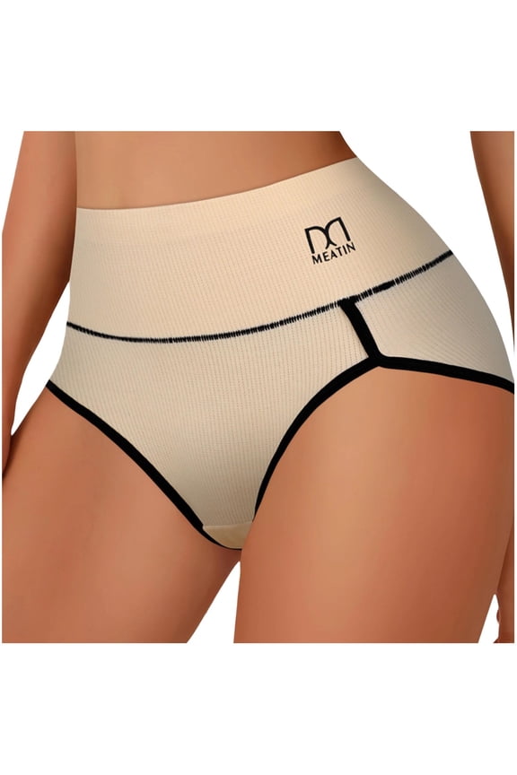 Women High Waist Contrast Trim Ribbed Briefs, Seamless Hip Support Soft Daily Panties S-2XL