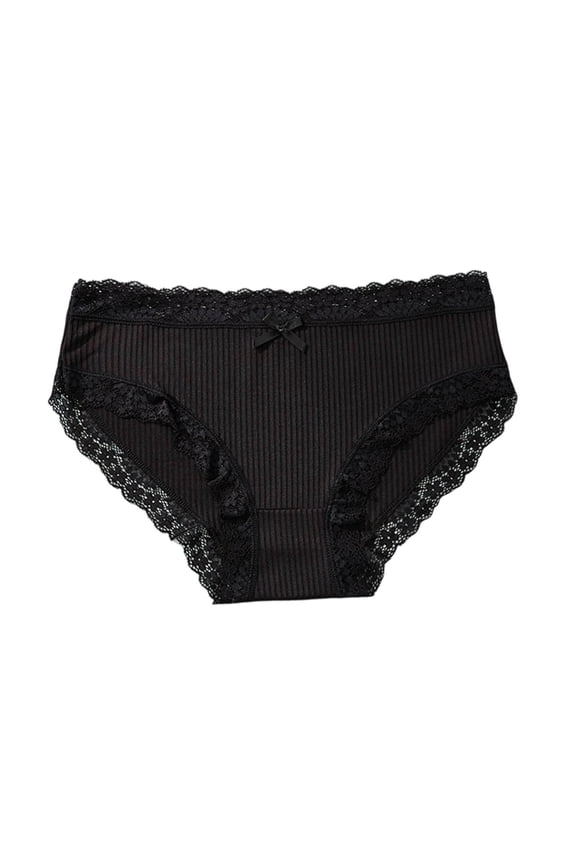 Women Ribbed Knit Briefs, Scalloped Lace Trim Tiny Bow Soft Breathable Panties S-XL