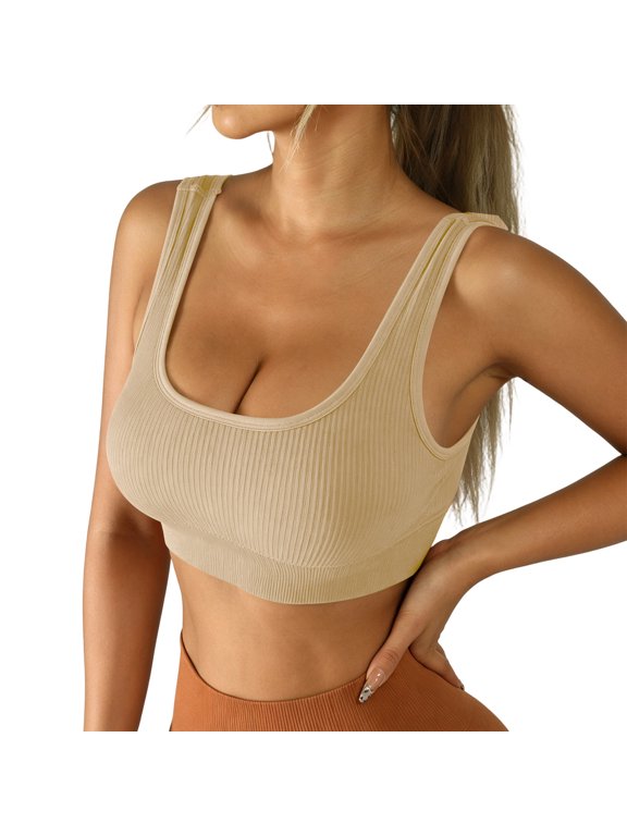 Women Ribbed Square Neck Sports Bra, Removable Pads Wireless Yoga Underwear