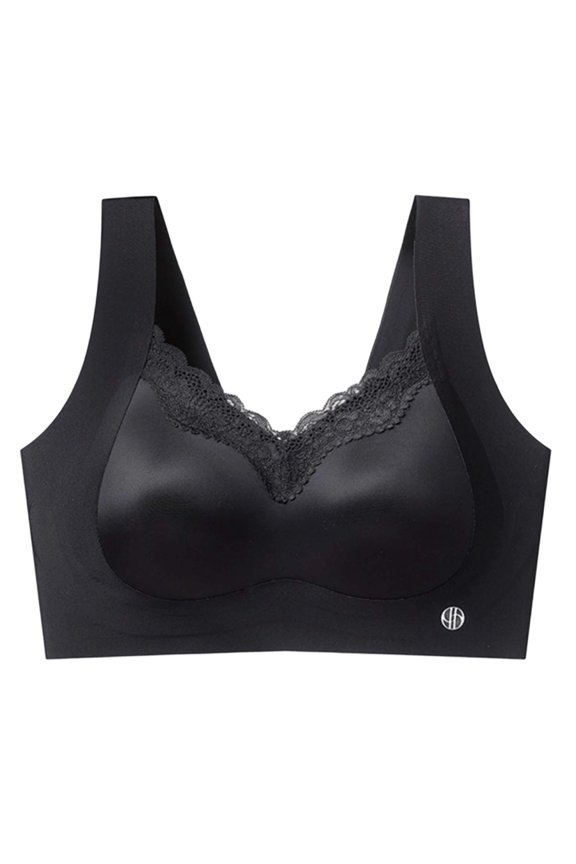 Women Scalloped Lace Trim Wireless Bra, Wide Strap Seamless V Neck Daily Underwear