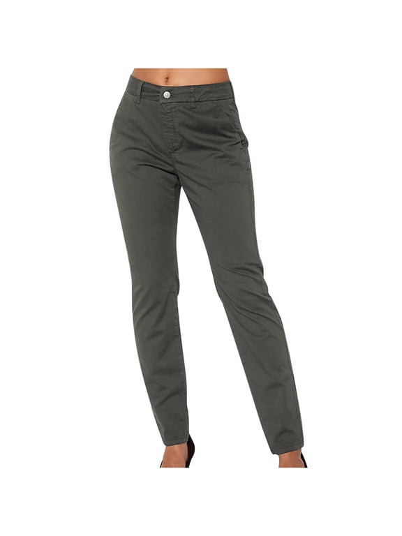 Women Solid Slim Fit Chino Pants, Button Front Belt Loop Side Pocket Casual Trousers S-2XL