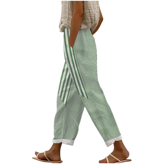 Risckoth Women Striped Patchwork Linen-Look Wide Leg Pants, Elastic Waist Pocket Summer Casual Trousers S-2XL