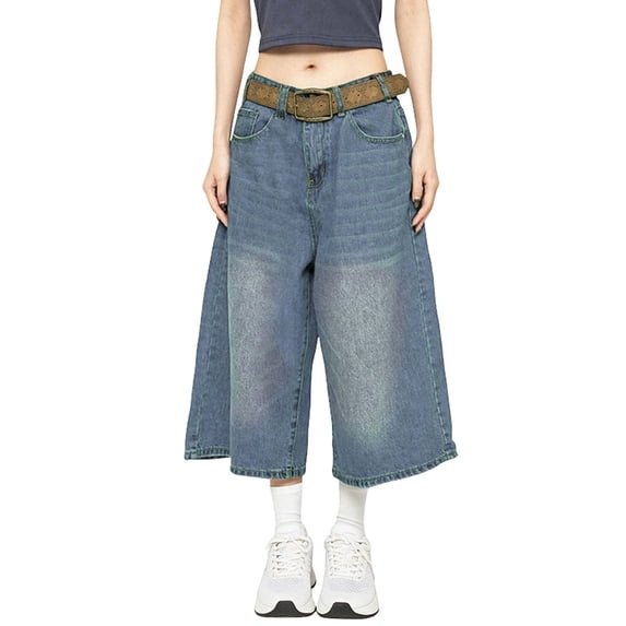 Risckoth Women Washed Denim Culottes, Mid Rise Wide Leg Cropped Jeans With Pockets S-3XL
