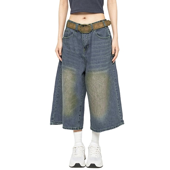 Risckoth Women Washed Denim Culottes, Mid Rise Wide Leg Cropped Jeans With Pockets S-3XL