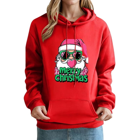 Risckoth Women's Christmas Hoodie Cool Santa Graphic Kangaroo Pocket Drawstring Hood Casual Pullover S-2XL, Red