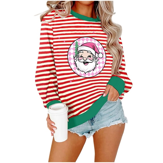 Risckoth Women's Christmas Sweatshirt Striped Santa Print Drop Shoulder Crewneck Ribbed Trim Casual Pullover S-2XL, Green