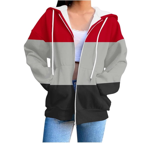 Risckoth Women's Colorblock Zip Up Hoodie Horizontal Three Tone Panel Full Zip Drawstring Hood Side Pockets S-2XL, Red