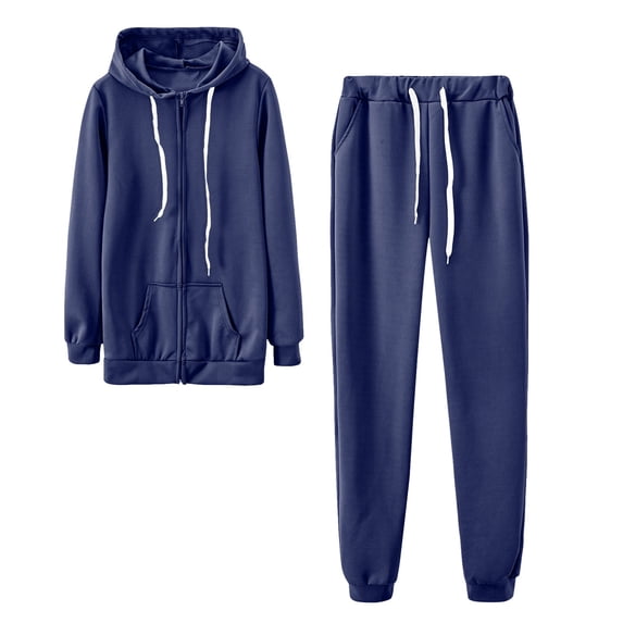 Risckoth Women's Contrast Tone Zip-Up Two-Piece Tracksuit, Full Zip Drawstring Hoodie Ribbed Cuff Joggers S-3XL, Navy